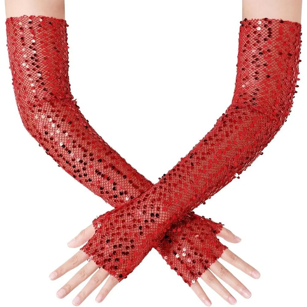 Women's Red Fingerless Glitter Sequin Sparkling Elbow Length Long Gloves
